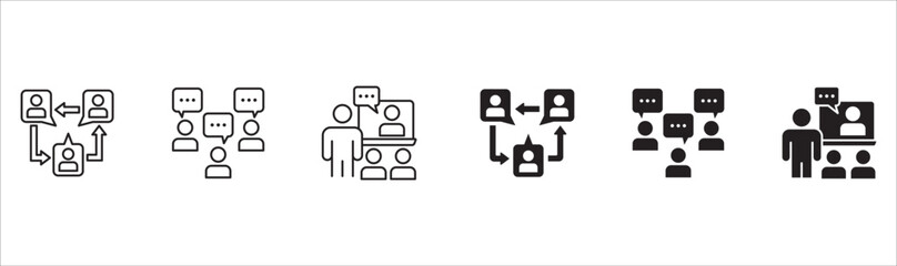 Business conference icon set. Presentation and meeting icons. Contains symbols of online conference, briefing, project, schedule, strategy, seminar, sales presentation, profile company, plan.