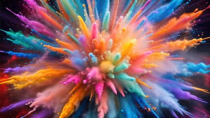 Colorful powder explosion, bright and vibrant, against a dark background, copy space