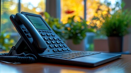 Office phone on laptop by sunny window with autumn trees