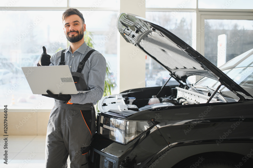 Poster Auto mechanic using computer diagnostic program while repairing car in workshop