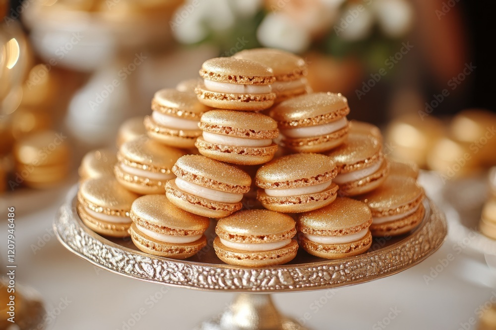 Poster shiny golden macarons arranged on an elegant tray, creating a visually appealing pyramid at a festiv