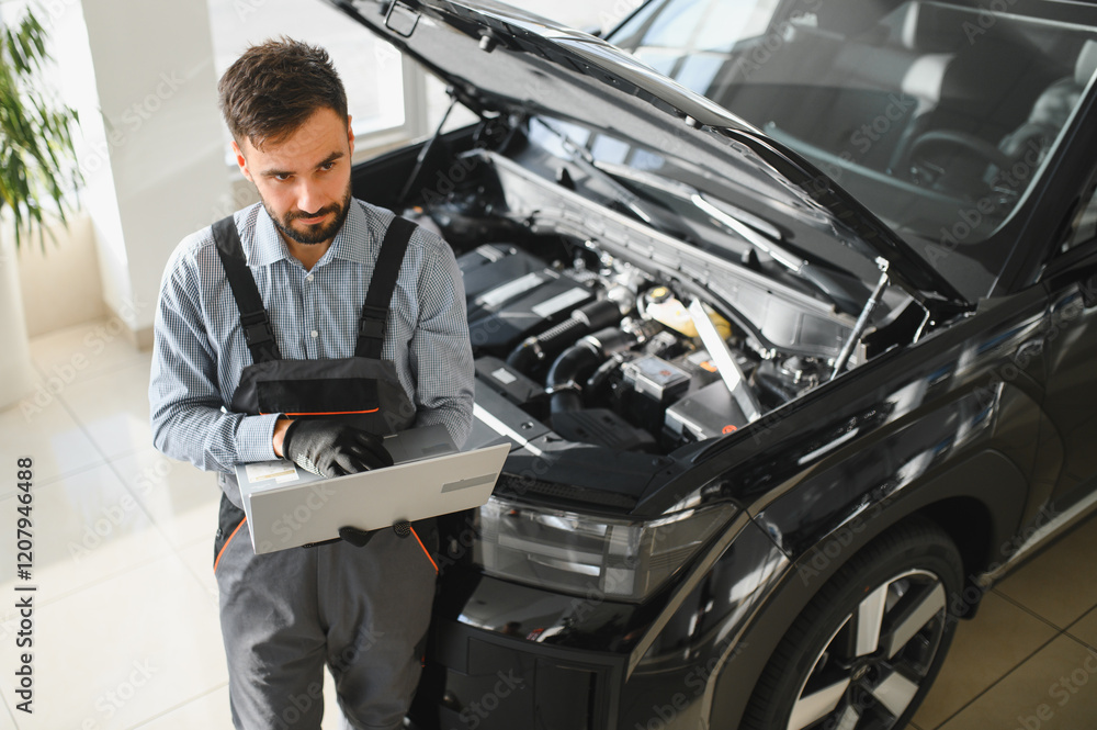 Leinwandbilder Mechanic Uses a Computer with an Augmented Reality Diagnostics Software. Specialist Inspecting Car's Engine to Quickly Spot Broken Components. Premium Car Service