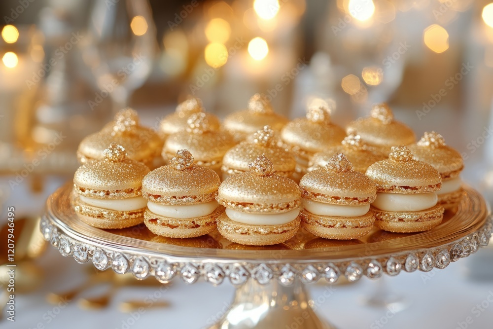 Poster shiny golden macarons arranged on an elegant tray, creating a visually appealing pyramid at a festiv