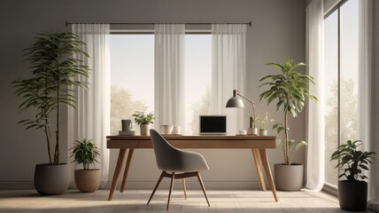 Elegant Office Scene with Laptop and Plant
