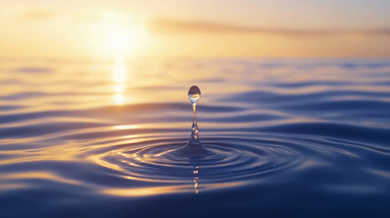 stunning water droplet creates ripples on calm surface, reflecting warm hues of sunset. serene moment captures beauty of nature and tranquility