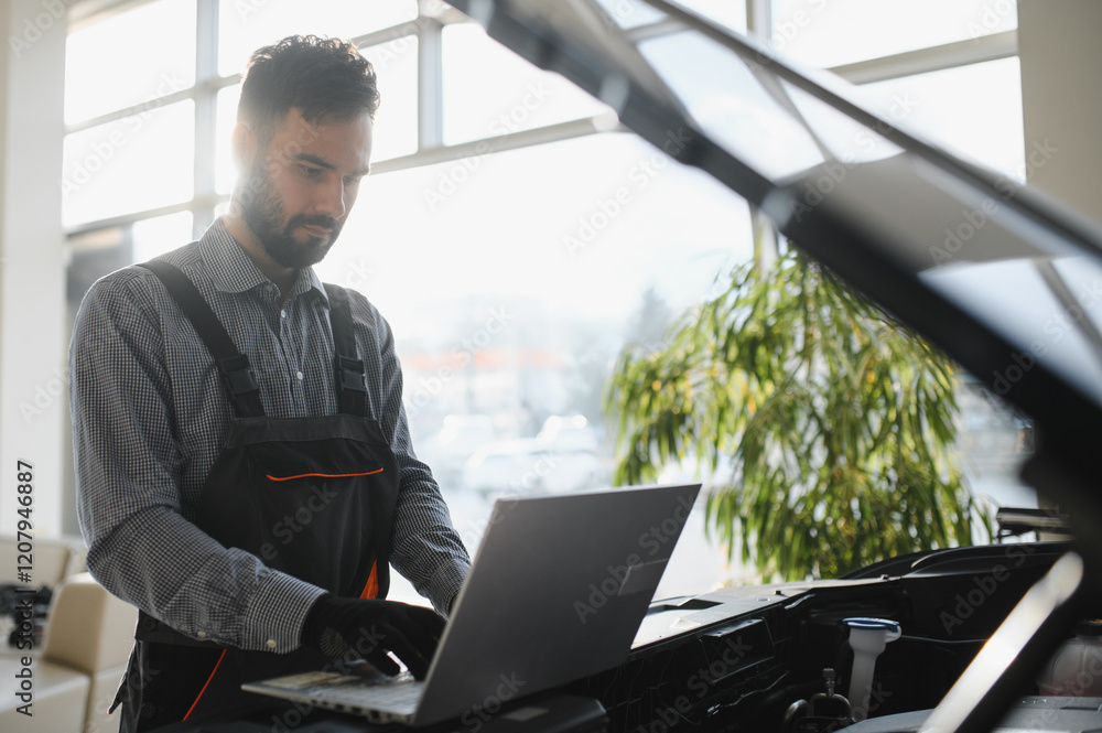 Poster Auto mechanic using computer diagnostic program while repairing car in workshop