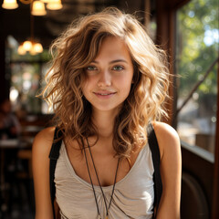 Fototapeta premium Young woman with wavy hair smiles warmly while sitting in a cozy cafe during the afternoon with natural light filtering through the windows