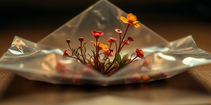 A white envelope with a bunch of flowers inside. The flowers are orange and red, and they are arranged in a way that makes the envelope look like a flower bouquet. Concept of warmth and happiness - Powered by Adobe