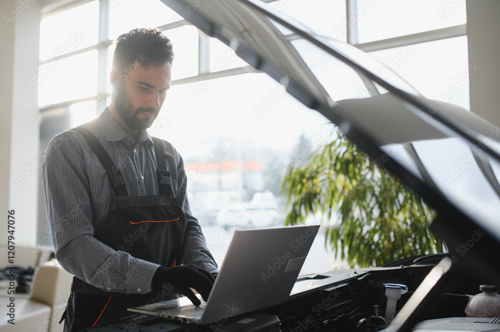 Poster Mechanic Uses a Computer with an Augmented Reality Diagnostics Software. Specialist Inspecting Car's Engine to Quickly Spot Broken Components. Premium Car Service