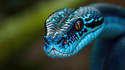 Fototapeta premium Blue viper snake's headshot with distinctive markings on its face and a menacing stare, reptile anatomy, serpent