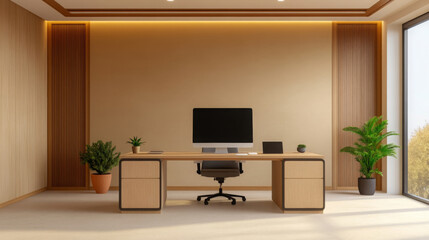 modern office interior featuring wooden desk, computer, and plants, creating serene workspace. warm lighting enhances inviting atmosphere