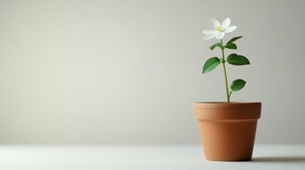 A serene scene of a single flower growing in a small pot, surrounded by white space
