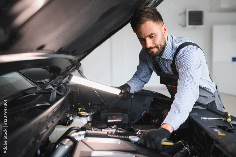 Poster Troubleshooting process. Auto mechanic working in garage. Repair service