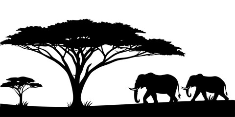 African Savanna Sunset with Acacia and Elephants