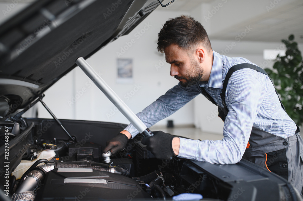 Poster Troubleshooting process. Auto mechanic working in garage. Repair service