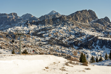 Italian Dolomites drone aerial view in winter snow ski sunny days. Sella Ronda Marmolada .Aerial...