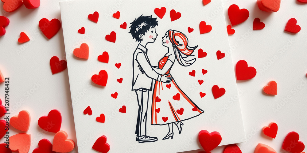 Poster a couple is shown hugging each other in a card with hearts. the card is on a table with red confetti