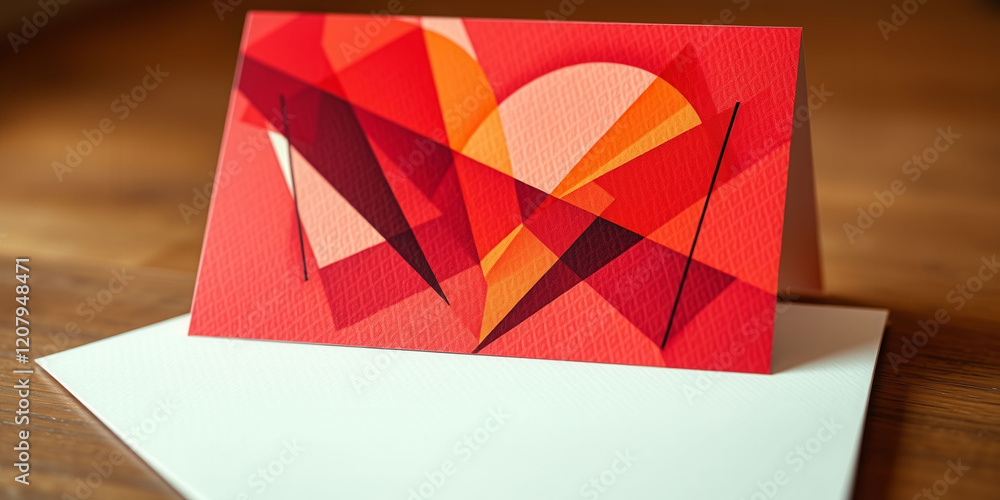 Poster a red card with a heart on it sits on a table. the card is decorated with a colorful design and is p
