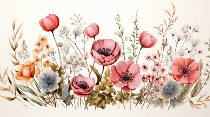A beautiful arrangement of pink, red, and orange wildflowers with soft greenery, showcasing a detailed watercolor botanical design.
