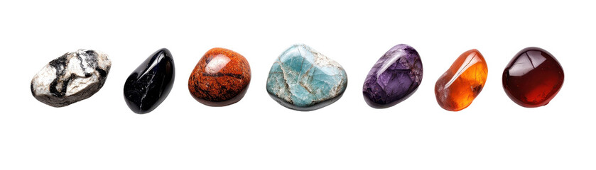 A vibrant display of polished gemstones showcasing various colors and textures. transparent background