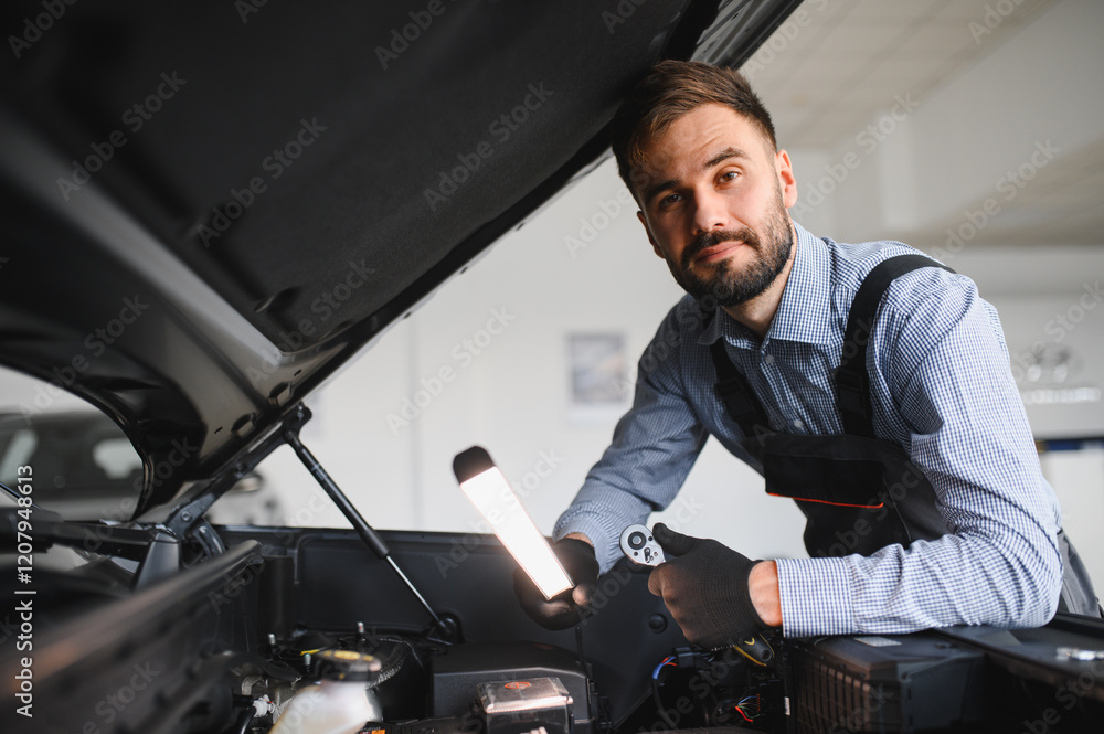 Poster Troubleshooting process. Auto mechanic working in garage. Repair service
