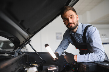 Troubleshooting process. Auto mechanic working in garage. Repair service