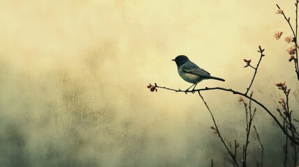Fototapeta premium A subtle design featuring a single bird perched on a thin branch against a soft, empty background