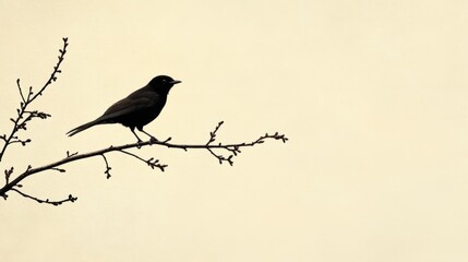 A subtle design featuring a single bird perched on a thin branch against a soft, empty background