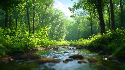 Obraz premium Serene Forest Stream Flowing Through Lush Green Landscape with Sunlight