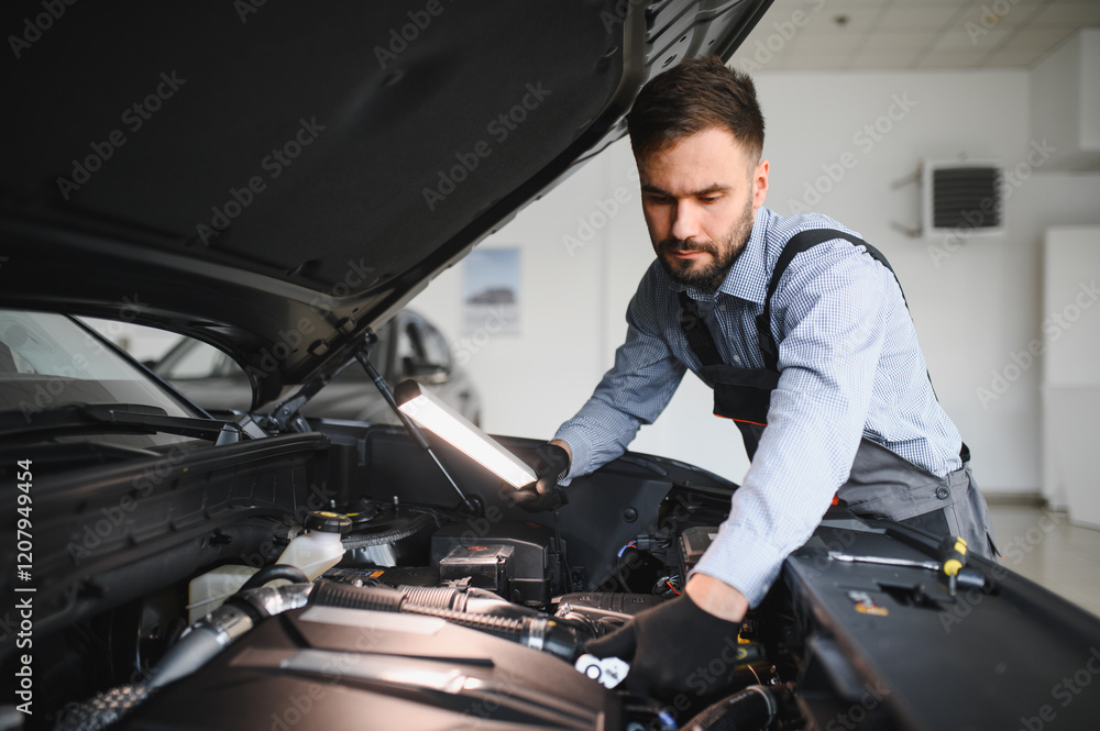 Poster troubleshooting process. auto mechanic working in garage. repair service