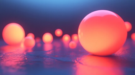 A simple digital design of glowing, floating spheres interacting with minimal geometric shapes