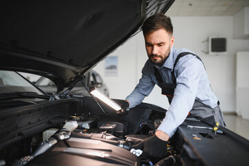 Troubleshooting process. Auto mechanic working in garage. Repair service