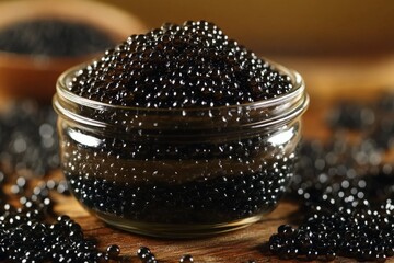 Sturgeon black caviar overflowing from glass jar on wooden table, creating luxurious culinary scene