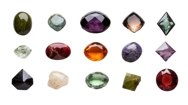 A diverse collection of sparkling gemstones showcasing unique shapes and colors. transparent background