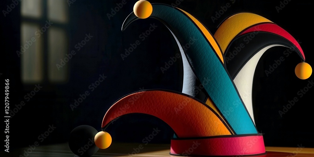 Poster a colorful hat with a black and white stripe sits on a table. the hat is a jester's hat and is surro