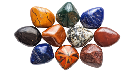 A variety of colorful polished stones arranged beautifully for decoration or collection. transparent background
