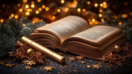 Open book, pen, ornaments, fir, festive lights background, Christmas story