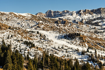 Italian Dolomites drone aerial view in winter snow ski sunny days. Sella Ronda Marmolada .Aerial...