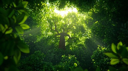 Majestic Tree Surrounded by Lush Green Foliage and Sunlight Rays