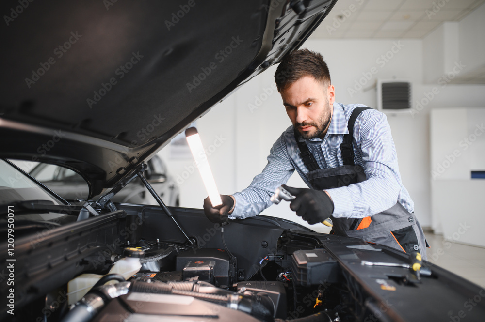 Poster Troubleshooting process. Auto mechanic working in garage. Repair service