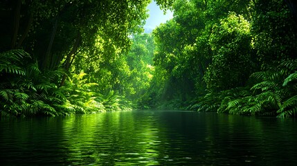 Obraz premium Lush Green Jungle River Reflection with Vibrant Foliage and Sunlight