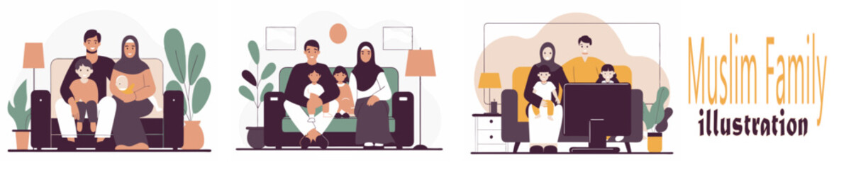 Naklejka premium A flat illustration of a Muslim family with a father, mother, and children.