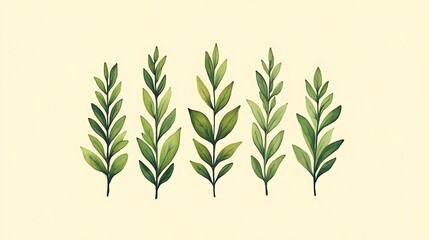 Obraz premium Five Watercolor Green Leaf Sprigs on Beige
