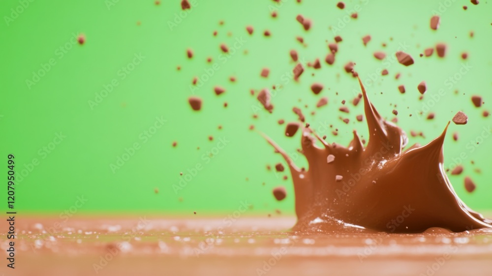 Poster chocolate splash against green screen background with flying chocolate pieces in motion capturing vi