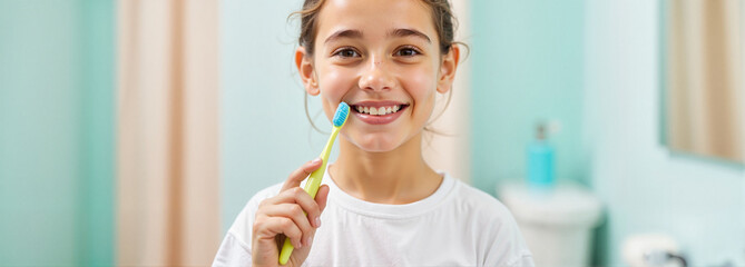 Smiling girl holding toothbrush in bathroom