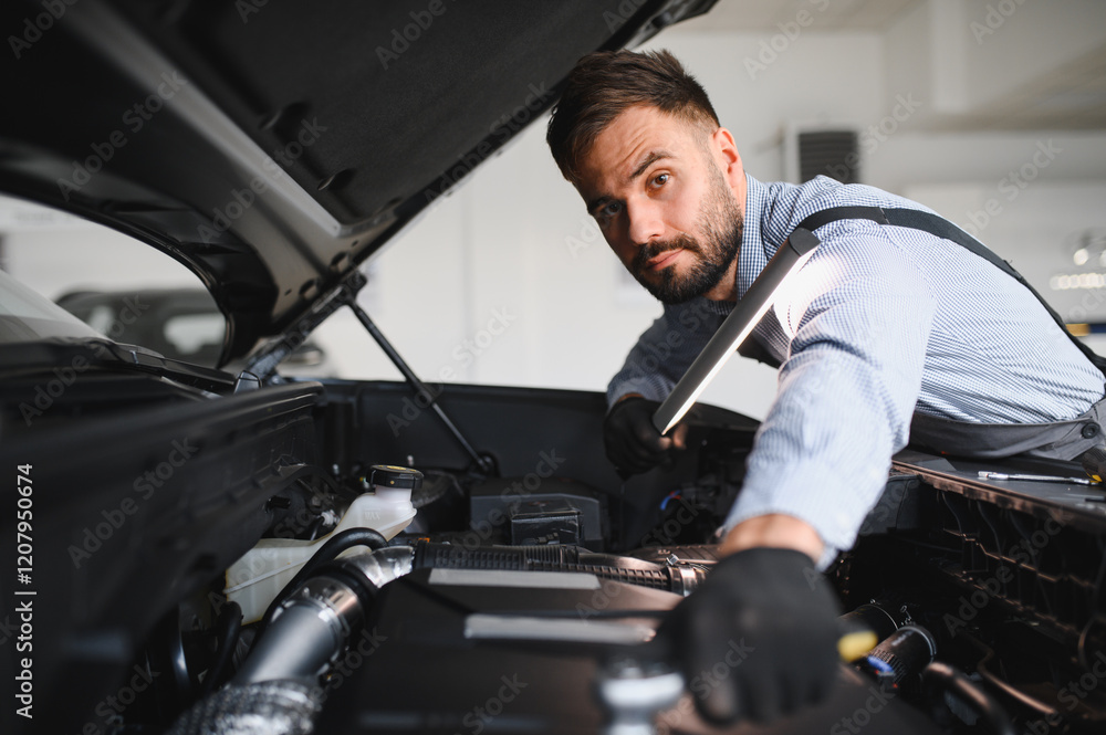 Aufkleber troubleshooting process. auto mechanic working in garage. repair service