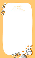 Planner template with sweets. Daily notes. Vector illustration. Cake, candy, dessert, cookies. 
