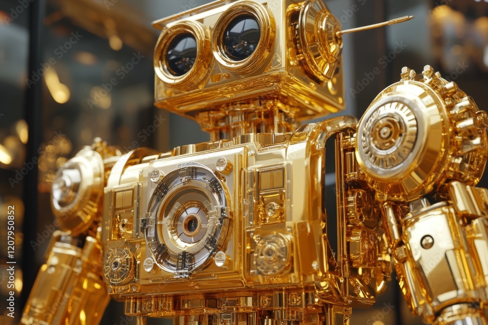 Poster golden robot looking futuristic with complex mechanism and shiny surface