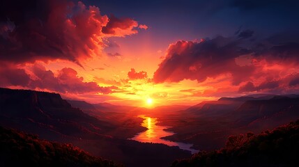 Fototapeta premium Serene Sunset Over Majestic Valley with River Reflections