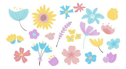Flower clipart pastel Set 1. These floral designs add a touch of softness to any space.  the tender beauty of pastel tones evoking feelings of femininity and grace Sunflower, rose lavender, tulip